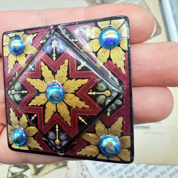 Vintage Resin Painting Square Brooch Pin signed Coral Bourgeois - Picture 2 of 6